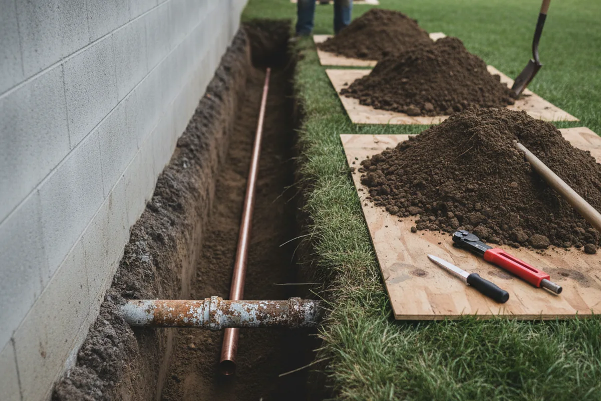 Excavated water line trench during Sewer Line Repair in Forest Falls